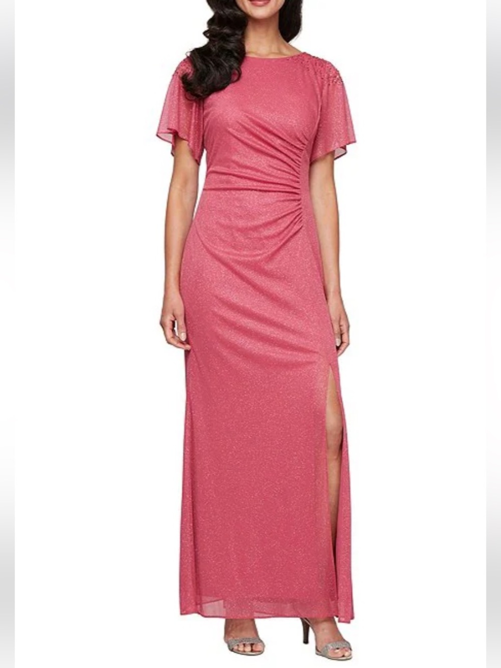 DKNY Shimmer Pink Ruched Maxi Dress with Side Slit